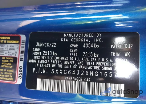 2022 Kia K5 Gt-Line z USA, uszkodzony, nr VIN 5XXG64J2XNG165757